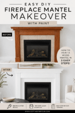 Learn how to paint a wood fireplace mantel and give a dated fireplace a fresh new look! This easy DIY fireplace mantel makeover transforms orange-brown wood into a beautiful crisp white finish. See the fireplace before and after, plus get the paint color, supply list and easy 3-step painting tutorial. A simple, budget-friendly fireplace update that makes a big impact!