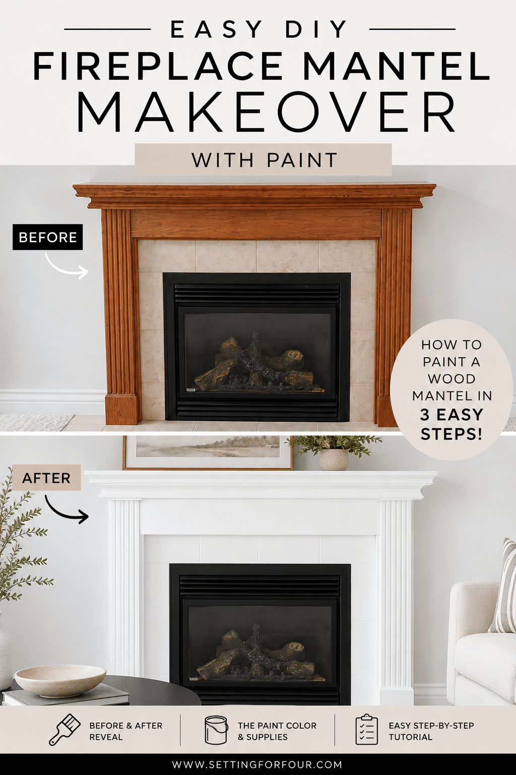 See this DIY fireplace mantel makeover with paint and the dramatic before and after! Learn how to paint a wood fireplace mantel white in 3 easy steps, including the best paint to use, supplies needed and paint color chosen. This easy, budget-friendly fireplace makeover idea transforms a dated brown wood mantel into a bright, fresh and updated focal point. Perfect inspiration for an easy weekend DIY home improvement project!