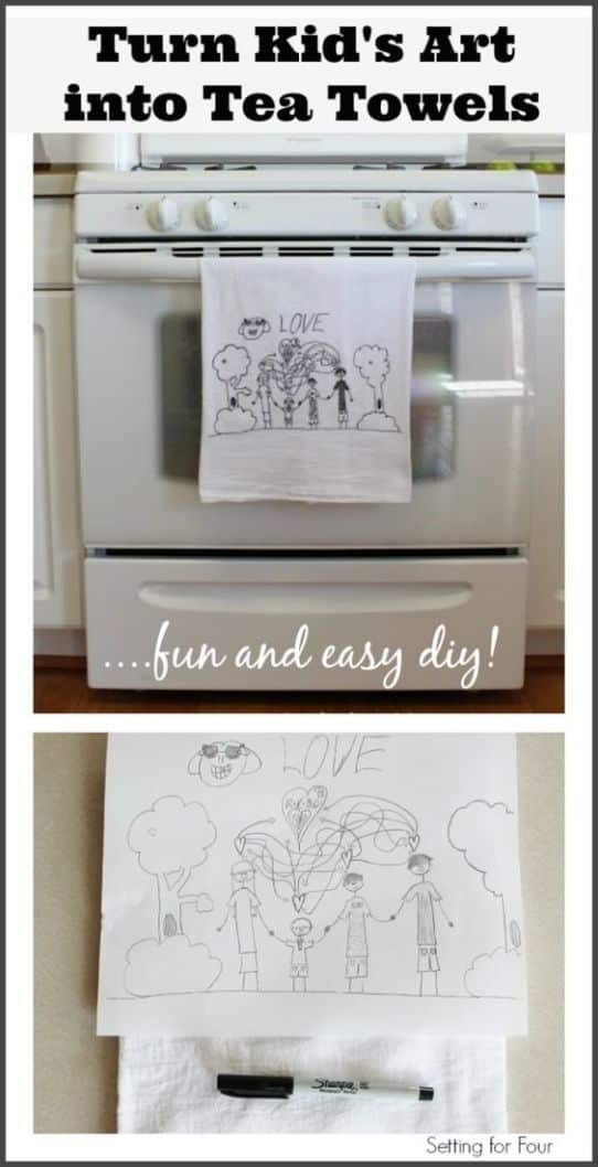 Easy DIY Gift Idea - kid's art tea towels! Fun DIY gift to make with kids artwork. Kids art display idea. Kids activities. Kids Arts and Crafts. Kids art project. Gift idea for grandmother, mom, teacher gift, aunt, grandparents, holiday and Christmas gift. DIY home decor. Handmade. Sharpie tea towel. marker tea towel. Kitchen tea towels.