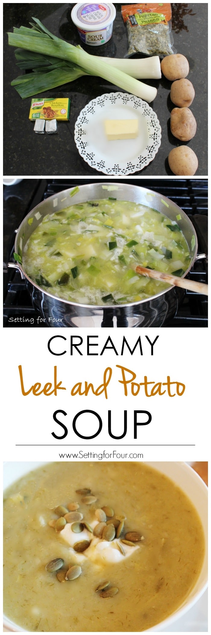 Creamy Leek and Potato Soup Recipe (with pumpkin seed and sour cream topping - yum!) It's the ultimate comfort food for lunch or dinner! So hearty and filling... Your whole family will love it! www.settingforfour.com