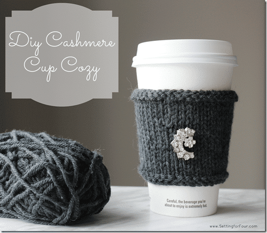 Learn how to make this QUICK AND EASY DIY Cashmere Cup Cozy! I added my grandmother's vintage brooch to it for some pretty sparkle. See the knitting tutorial and supply list to make this fun mug cozy craft. Great gift idea!