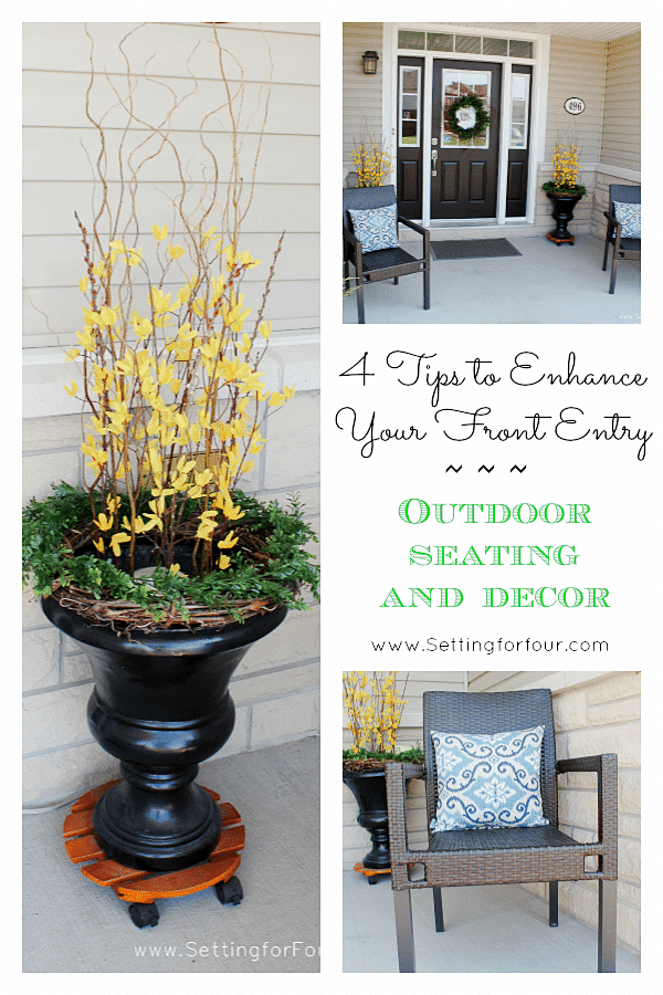 Decorating Tips to add curb appeal to your front entryway or porch. Includes tips for seating, containers, a wreath and door decor. www.settingforfour.com