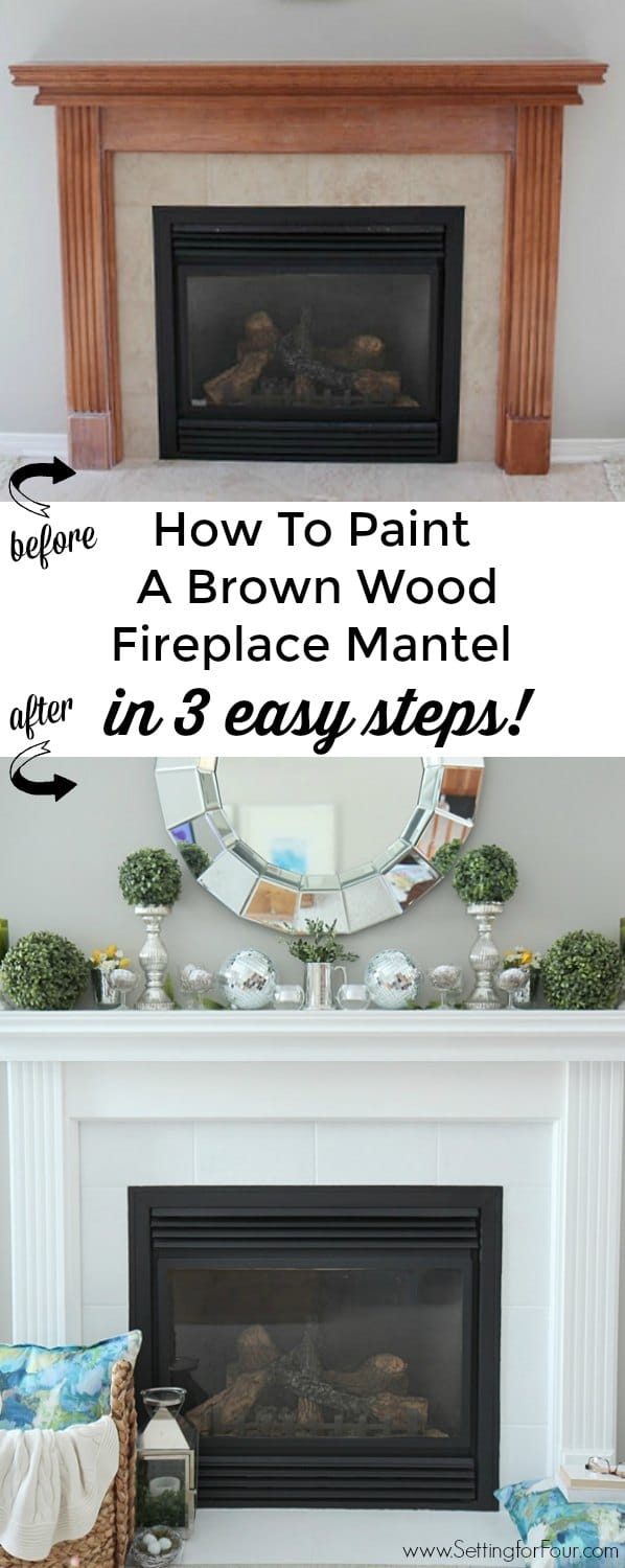 See this stunning fireplace mantel reveal! Learn how to paint a brown wood mantel in 3 EASY steps! The DIY paint tutorial and supply list is included. This is such a quick and easy DIY home improvement project.