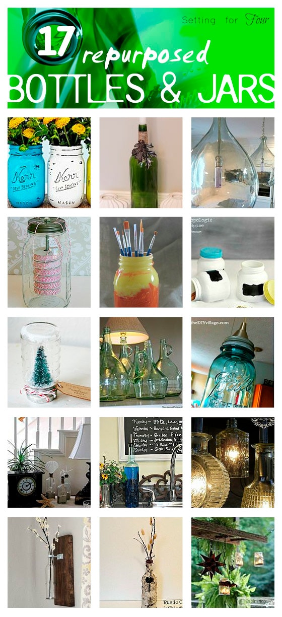 Don't throw out your leftover jars and bottles! Repurpose and upcycle them! Make these 17 GORGEOUS DIY projects for your home using Repurposed Bottles and Jars! Use them to create DIY decor projects, organization projects and storage ideas too! Get all of these great ideas at Setting for Four