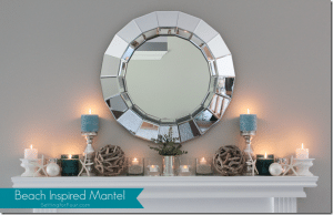 Home decorating ideas and tips: Learn how to decorate a Summer Beach Inspired Mantel with coastal colors and beach style accessories! Add pretty summer decor to your living room mantel with aqua blue candles, starfish, driftwood and capiz shell accents and a statement mirror.