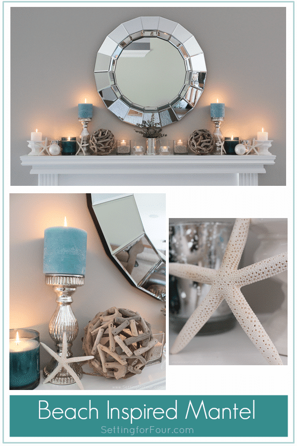 Home decorating ideas and tips: Learn how to decorate a Summer Beach Inspired Mantel with coastal colors and beach style accessories! Add pretty summer decor to your living room mantel with aqua blue candles, starfish, driftwood and capiz shell accents and a statement mirror. Supply list of decor items included so you can get the same look.