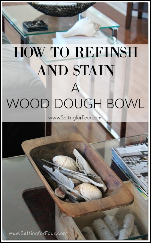 A Dough Bowl is the perfect container for a table centerpiece! See this quick and easy How to Refinish and Stain a Wood Dough Bowl DIY tutorial to create a farmhouse dough bowl.  Instructions and supply list included!