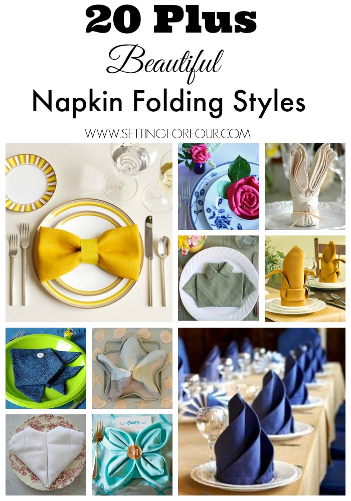 How to fold a napkin - 20 Plus Beautifu Napkin Folding Styles to decorate your table for Holidays, Weddings and Everyday Home! See how fun diy napkin folding is at www.settingforfour.com