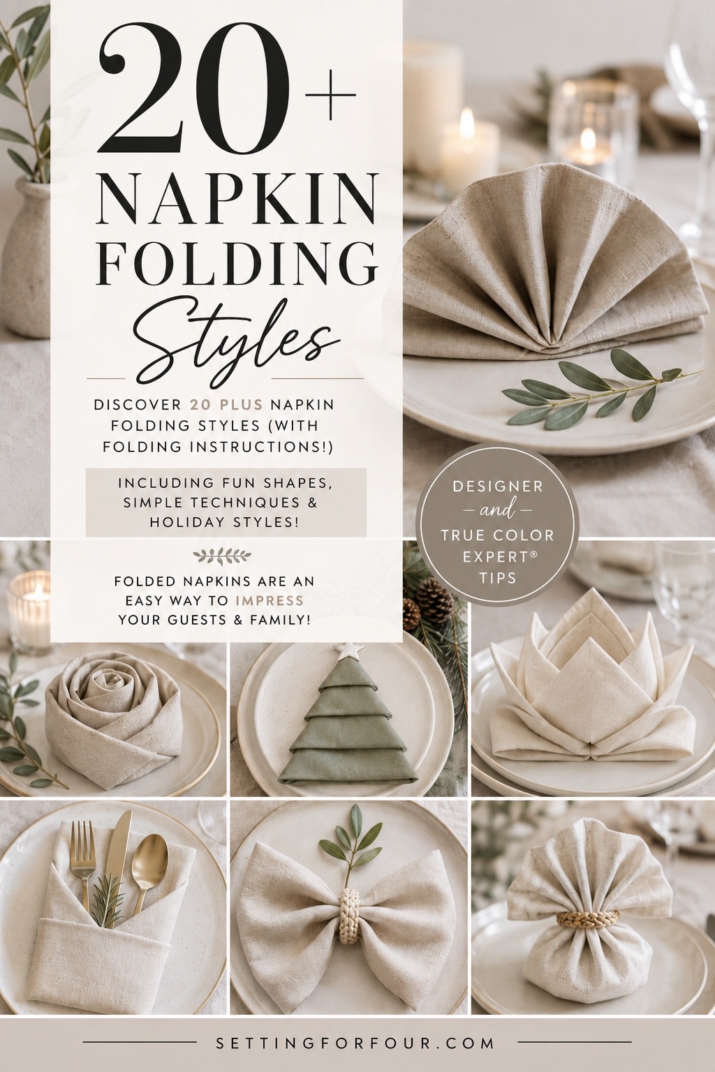 20 plus napkin folding styles for everyday, for parties, formal dinner parties and wedding table decor ideas!