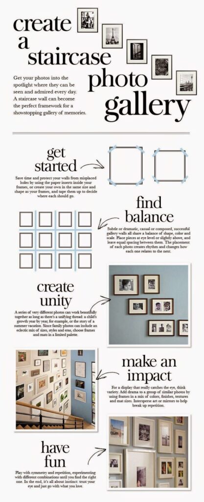 Staircase Photo Gallery Wall Ideas, how to hang art on a staircase wall, family photo wall art ideas, frame spacing and measurements, design inspiration, Pottery Barn style