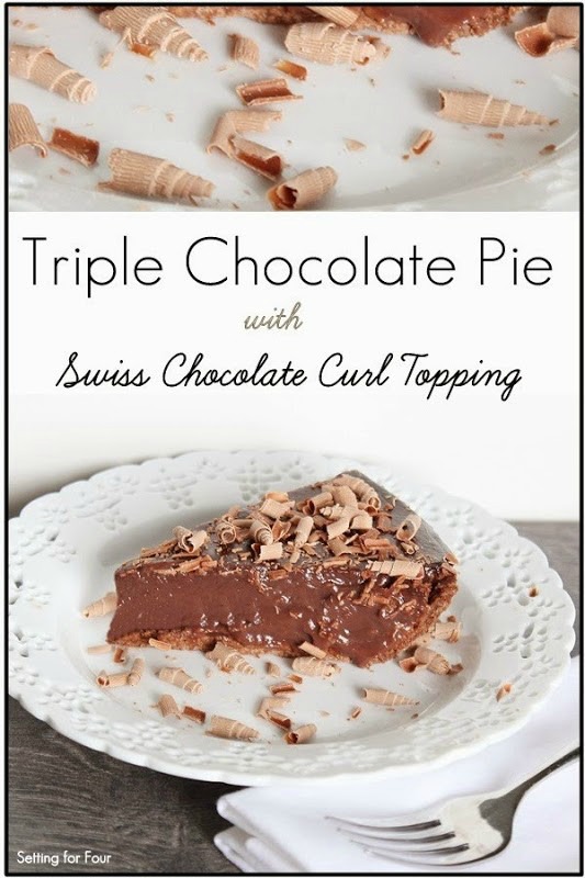 Only 4 ingredients! Triple Chocolate Pie with Swiss Chocolate Curl Topping!