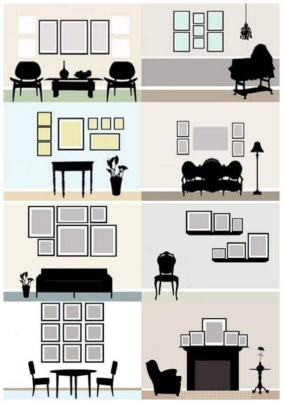 How To Hang Pictures Around Furniture, gallery wall display ideas, height measurements, spacing, design ideas, above a sofa, table, console table, decorate a blank wall