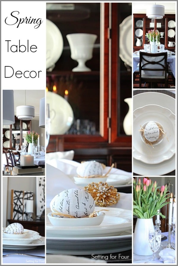 Spring Dining Room decorating and table decor tips! Spring centerpiece and place setting ideas to add Spring to your home. www.settingforfour.com