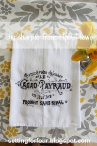 Love French Decor? Make this Easy DIY Sharpie French Label Towel with a Vintage French Advertisement Label Pattern.  Beautiful way to decorate your French Farmhouse kitchen! Great gift idea too!