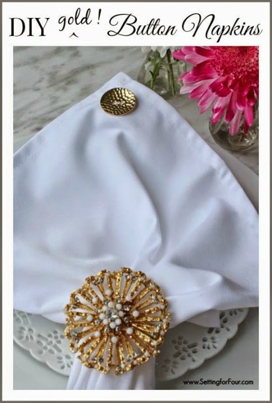 Dress up boring white napkins with stylish buttons! Easy DIY Gold Button Napkins - great gift idea! Great way to use antique buttons too! 