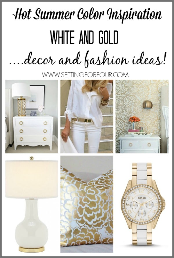 Hot summer color inspiration! White and Gold Home Decor and Fashion ideas.