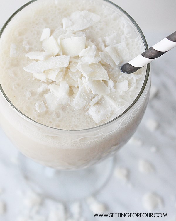 Almond Banana Smoothie Recipe with Shaved Coconut Topping - Setting for ...