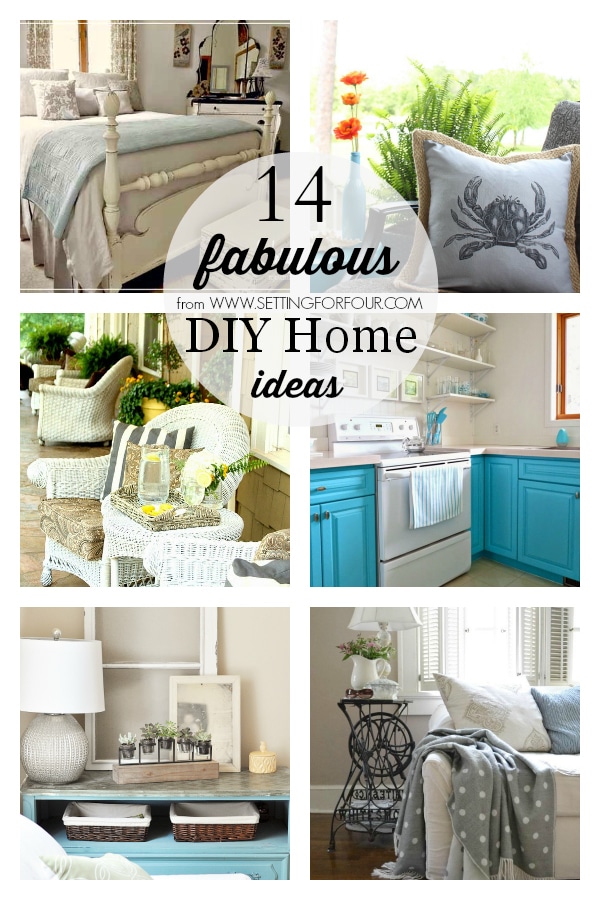 14 Fabulous DIY Home Ideas to make for your home! DIY coastal pillow, turquoise painted kitchen cabinets, summer shabby cottage decor,  eclectic cottage living room decor ideas, potting bench makeover, master bedroom makeover, summer porch decorating ideas, Adirondack chair seating area, summer cabana deck, DIY backyard makeover, how to decorate above your kitchen cabinets, back porch seating area, coastal mantel and an upcycled beverage station DIY.