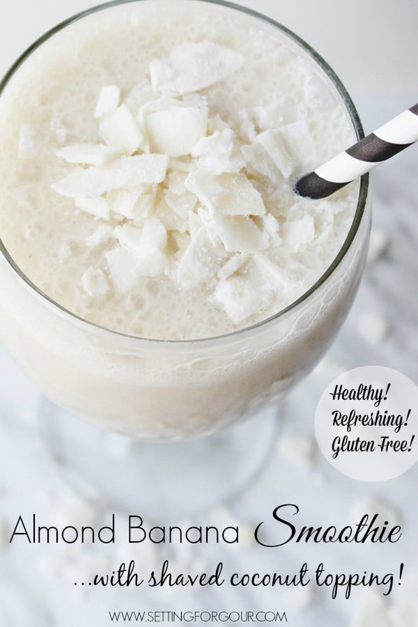 Make this 6 minute, easy, refreshing Almond Banana Smoothie Recipe with Shaved Coconut Topping #food #recipe #glutenfree #soyfree #dairyfree #lactosefree #smoothie #healthy #coconut #banana #almond