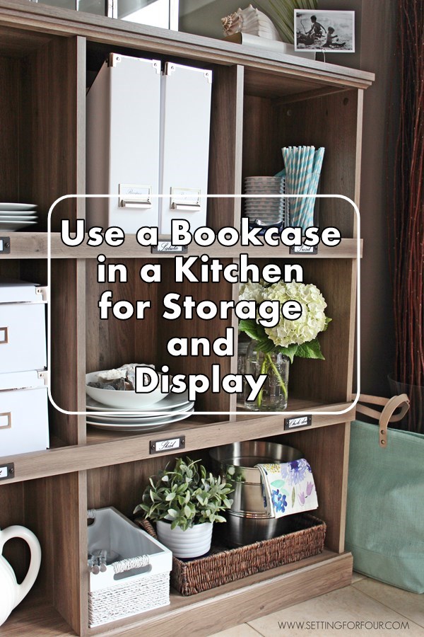 Repurposing Tip! Use a Bookcase in a Kitchen for Storage and Display | www.settingforfour.com