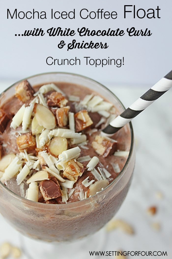 So DELICIOUS!!! Get this sweet tooth satisfying, cold drink recipe for Mocha Iced Coffee Float with White Chocolate Curls and Snickers Crunch Topping 