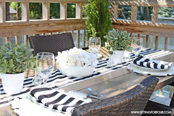 See how to create a beautiful black and white tablescape - al fresco style! - using stylish awning stripe table linens plus simple centerpiece ideas.