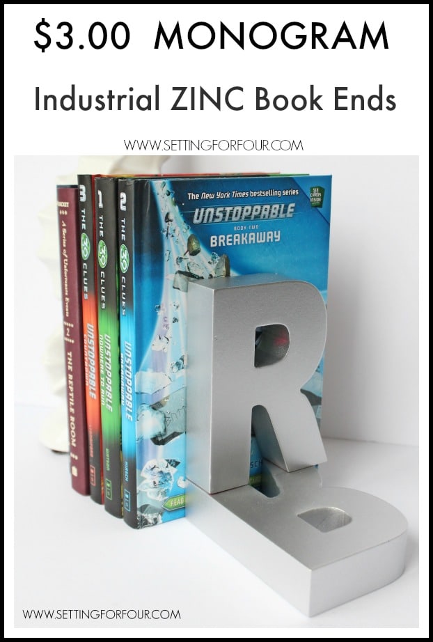 So easy and inexpensive to make! DIY $3.00 Monogram Industrial Zinc Book Ends for kids and teens. Organize and decorate the kids bookshelf and desk space with these industrial zinc bookends that you can customize with your kid's initial and favorite color!
