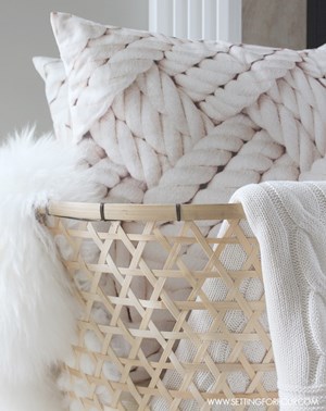 Cozy Ikea Decor Ideas for the living room. Ikea accent pillows, throw blankets, baskets, living room decorating ideas, coastal, transitional, easy decorating inspo, white and beige color palette