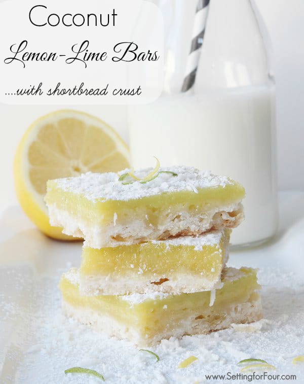 Coconut Lemon Lime Bars with Shortbread Crust Recipe. www.settingforfour.com