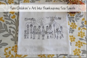 This is the cutest Fall kids craft idea! How to turn kids art into tea towels for Thanksgiving. What a fun DIY project to do with the kids! These tea towels make memorable gifts for family and grandparents. Cheery home decor for your kitchen!