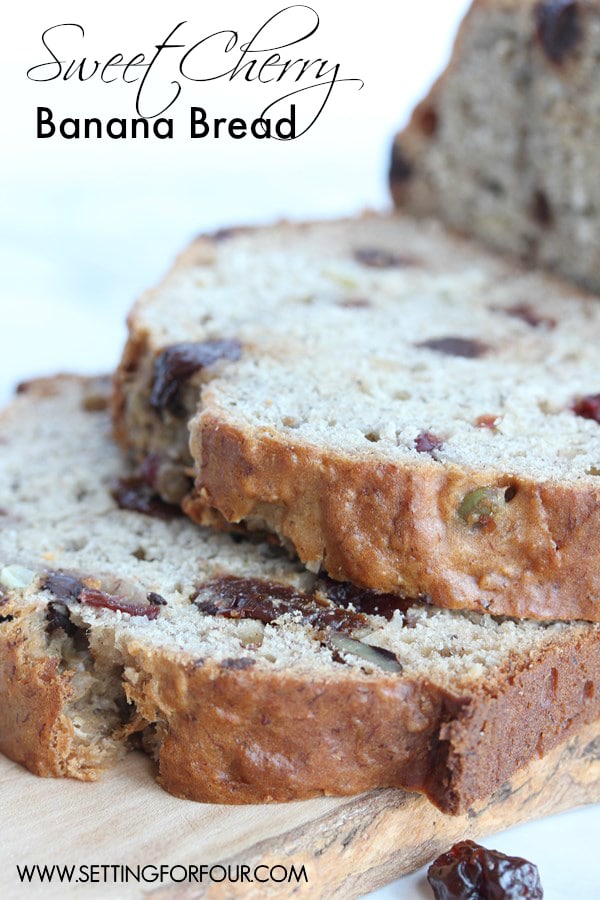 Make this delicious Sweet Cherry Banana Bread Recipe - delicious with a cold glass of milk! www.settingforfour.com