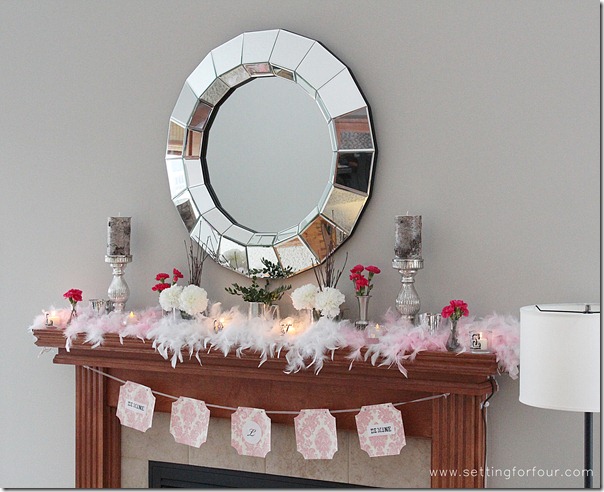 How to decorate a Beautiful Mantle for Valentine's Day from Setting for Four.  See how to here! https://www.settingforfour.com/2013/02/how-to-decorate-mantle-for-valentines.html  #mantle #valentine #diy #decor