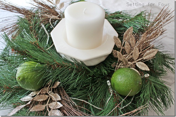 DIY Dollar Store Christmas Centerpiece from Setting for Four #Christmas #Dollar Store #Centerpiece #DIY #Tutorial #Kitchen #Table #Candle