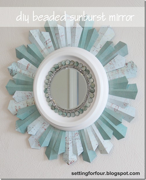 Beautiful Home Decor Idea! Learn how to make this gorgeous DIY Sunburst Mirror using a ceiling medallion and beads! Includes a step by step fun tutorial with full instructions and supply list. Perk up a wall in any room with this bead and paper craft idea. Customize it with other colors too!