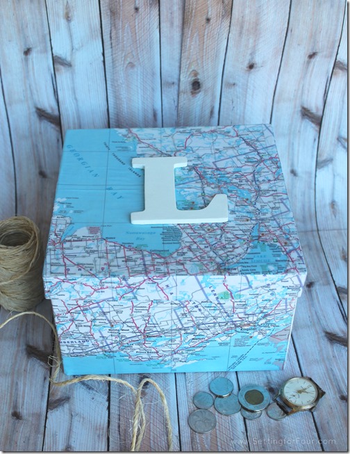 DIY Monogram Map Storage Box. Use maps of places you've lived in and travelled to! Great gift idea!