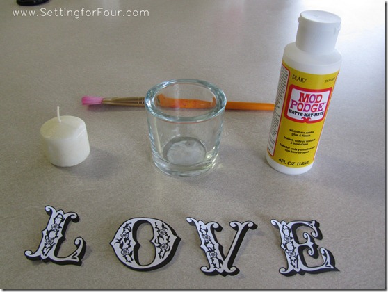 Pottery Barn Knockoff DIY Love Votives from Setting for Four #modpodge #PotteryBarn. See the tutorial here: https://www.settingforfour.com/2012/01/love-votive-candle-set.html #votive #candle #knockoff #diy #tutorial #love