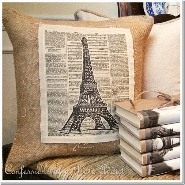  DIY Linen and Burlap Vintage Eiffel Towel Pillow