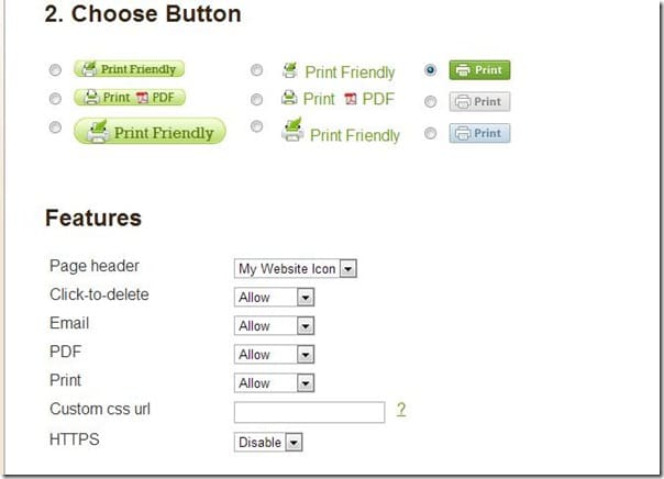 Choose your Features, Printfriendly tutorial step from Setting for Four
