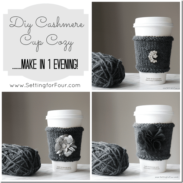 Learn how to make these 3 DIY Cashmere Cup Cozies - in 1 Evening! Quick and Easy Mug Cozy idea. Supply list and knitting tutorial included. These make fabulous gift ideas!