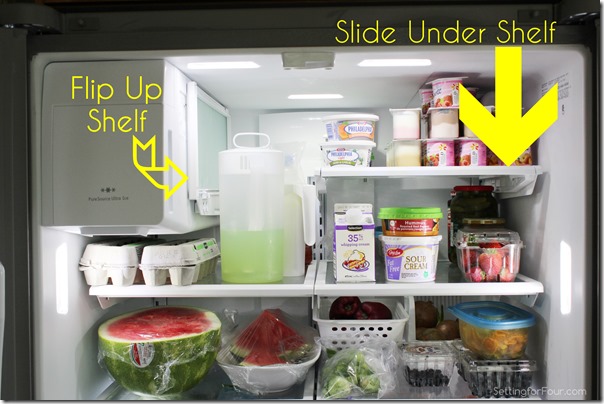 Flip Up and Slide Under Shelves Frigidaire refrigerator and Ten easy, clever Kitchen Organization and Storage Tips to simplify your life and meal preparation. www.settingforfour.com 