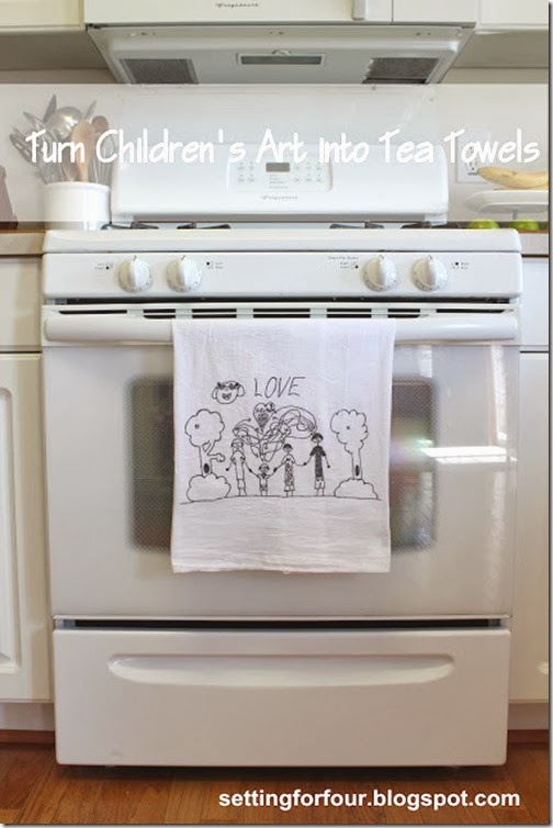 How to turn Kids art into tea towels! The kids make tons of art - use it to make tea towels for your kitchen! These make amazing gifts too!