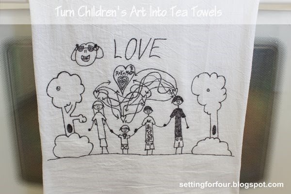 Turn Kid's art into tea towels! Fun DIY to do with the kids artwork and great gift idea! www.settingforfour.com