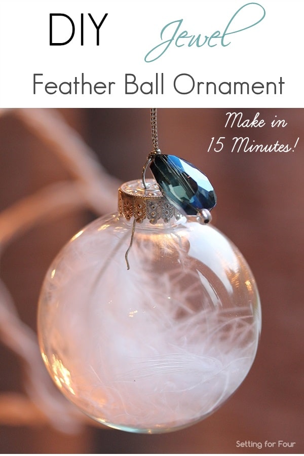 Make this beautiful DIY Feather Ornament with jewel accent for your Christmas tree! Make several of these elegant Christmas balls and add to a vase or bowl for DIY holiday home decor.