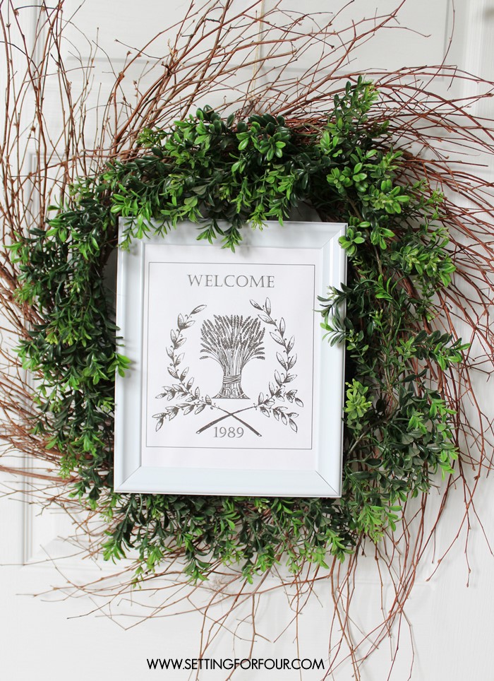 How to make an easy DIY Boxwood Grapevine wreath with welcome printable for your front door.