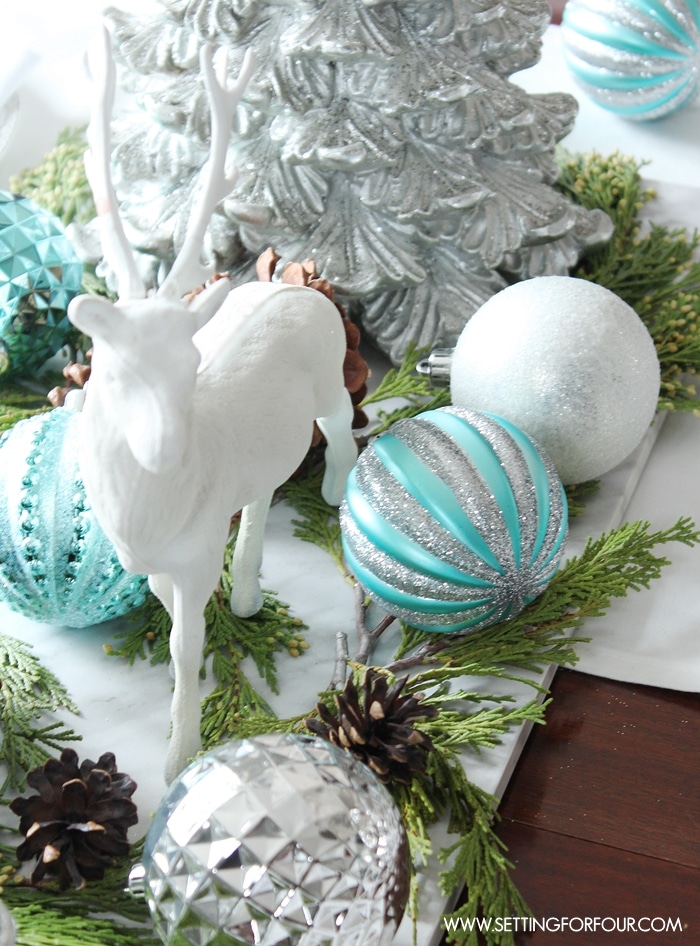 How to make a Shimmery Winter Woodland Glam Christmas Centerpiece for the holidays! DIY decor tips included. www.settingforfour.com