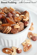 Hazelnut, Cashew and Pecan Bread Pudding with Caramel Sauce recipe loaded with crunchy nuts, cinnamon and creamy caramel sauce is the perfect dessert idea for holiday and family dinners! #SilkCreamyCashew