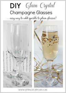 Are you throwing a party and in need of some budget friendly DIY entertaining decorations? Would you like to dress up your boring champagne glasses with fast, fun and fabulous DIY sparkle? Quick and Easy DIY Rhinestone Champagne Glasses: You won't believe how easy these DIY Glam Rhinestone Champagne Glasses are to make! Wedding Reception, wedding shower, New Years Eve Party, Anniversary Party.