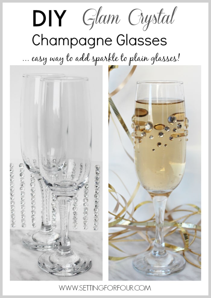 Are you throwing a party and in need of some budget friendly DIY entertaining decorations? Would you like to dress up your boring champagne glasses with fast, fun and fabulous DIY sparkle? Quick and Easy DIY Rhinestone Champagne Glasses: You won't believe how easy these DIY Glam Rhinestone Champagne Glasses are to make! Wedding Reception, wedding shower, New Years Eve Party, Anniversary Party.