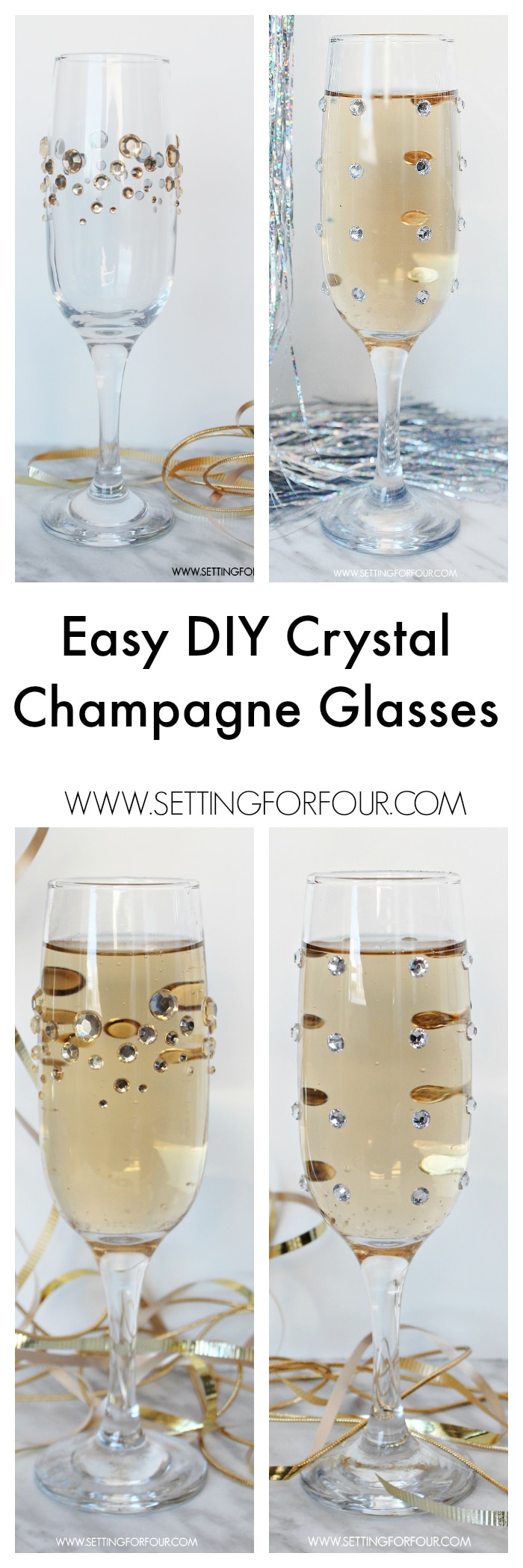 Fast, Fun and Fabulous! Make beautiful, quick and easy DIY Glamorous Crystal Rhinestone Champagne glasses for your next party! Dress up plain glasses with some pretty sparkle and shine. You won't believe how fun and easy this tutorial is! 