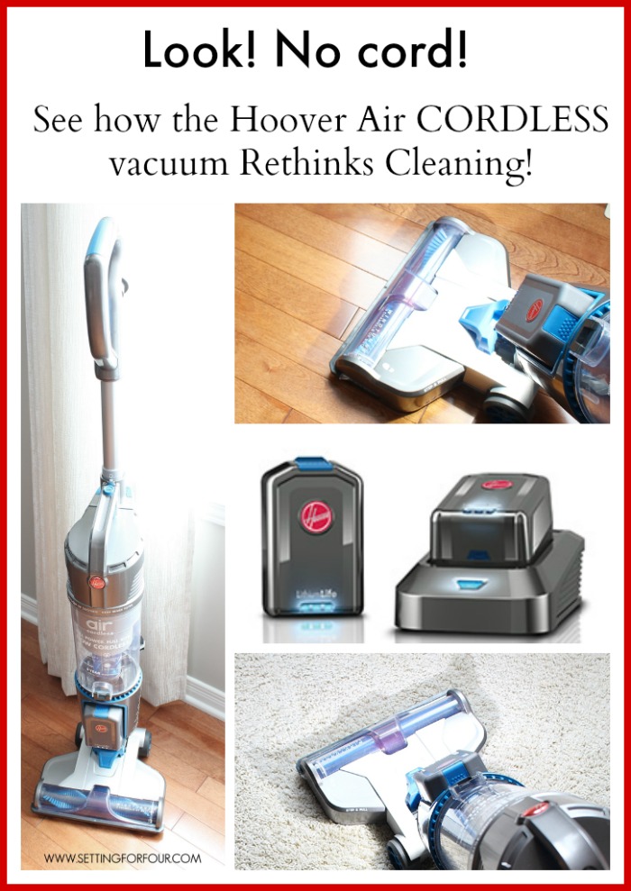 Looking for a new vacuum cleaner? This one has no cord - so convenient!! See how this Hoover Air Cordless vacuum cleaner can #RethinkCleaning! #CutTheCord www.settingforfour.com